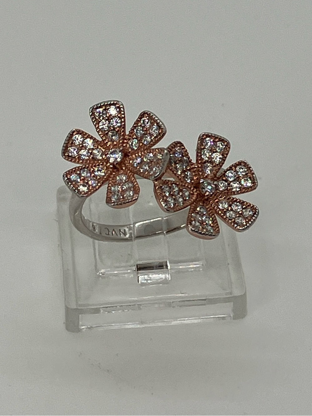 Vtg 925 Floral Pavé Double Daisy Two Tone Sterling & Rose Gold Tone Flower Ring